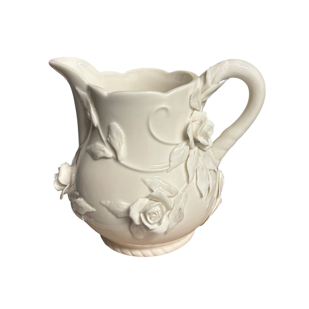 Godinger Antique Reflections Cream Ceramic Rose Pitcher 3D Floral Victorian Shab